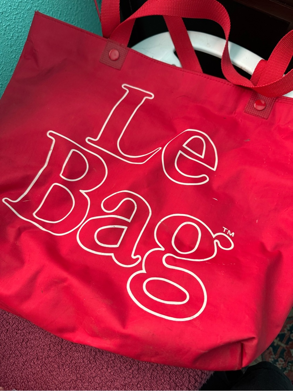 Red Tote with White Logo - Casual Everyday Shoulder Bag